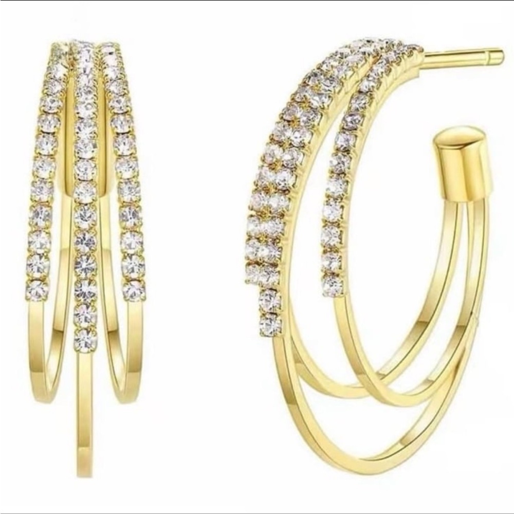 Stacked Hoop Earrings 2” Gold CZ NEW AP26